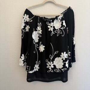 INC International Concepts Off-Shoulder Floral Embroidered Blouse M Black